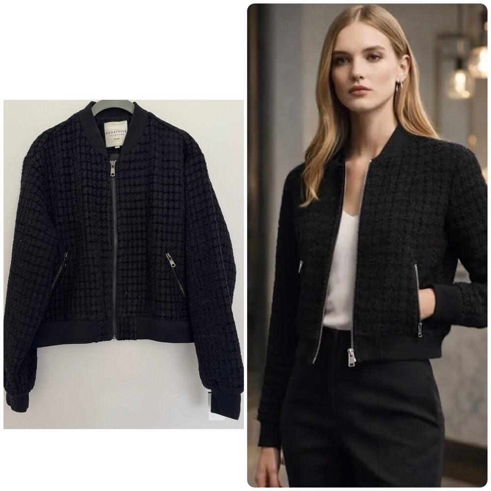 Bagatelle Collection Tweed Bomber Jacket in Black